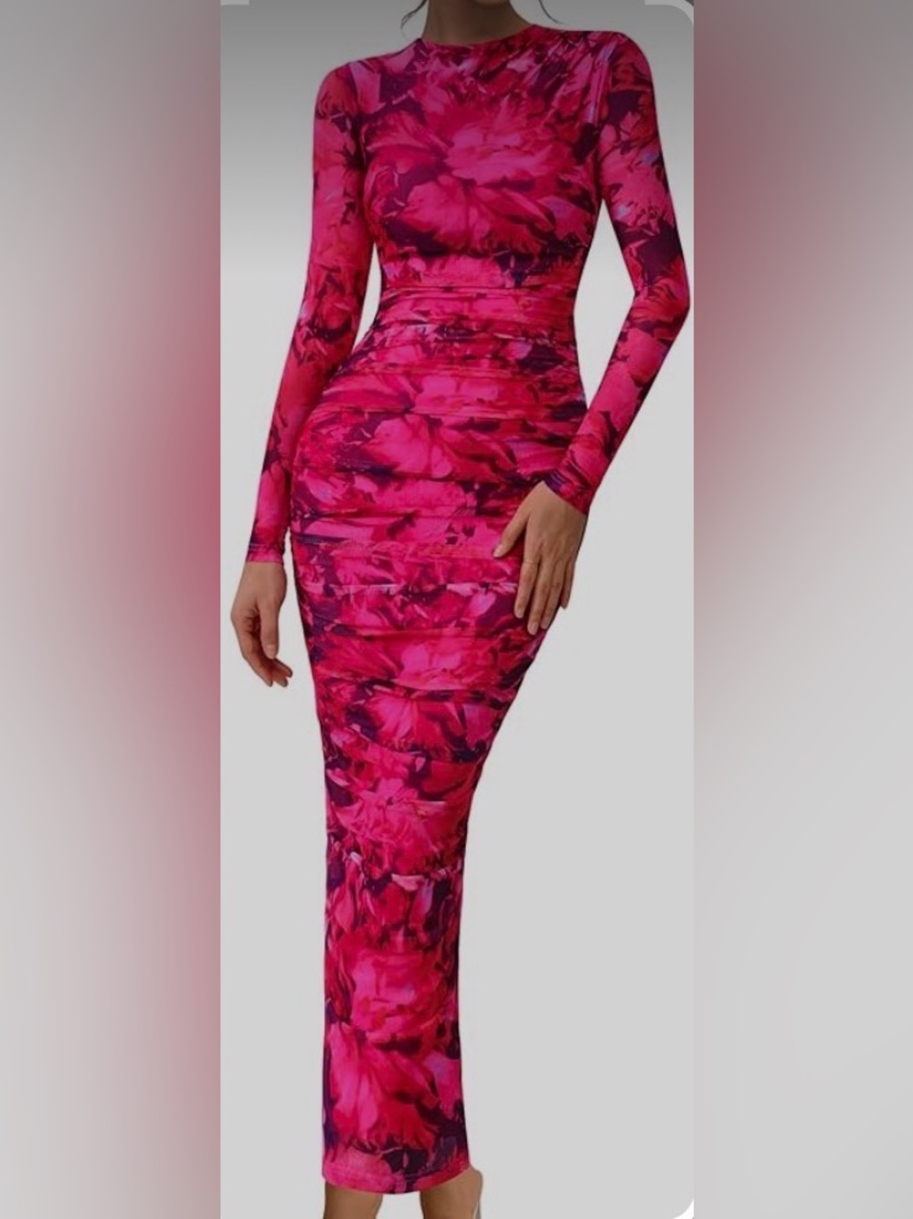 Women’s Pink & Purple Floral Long Sleeve Ruched Maxi Dress
